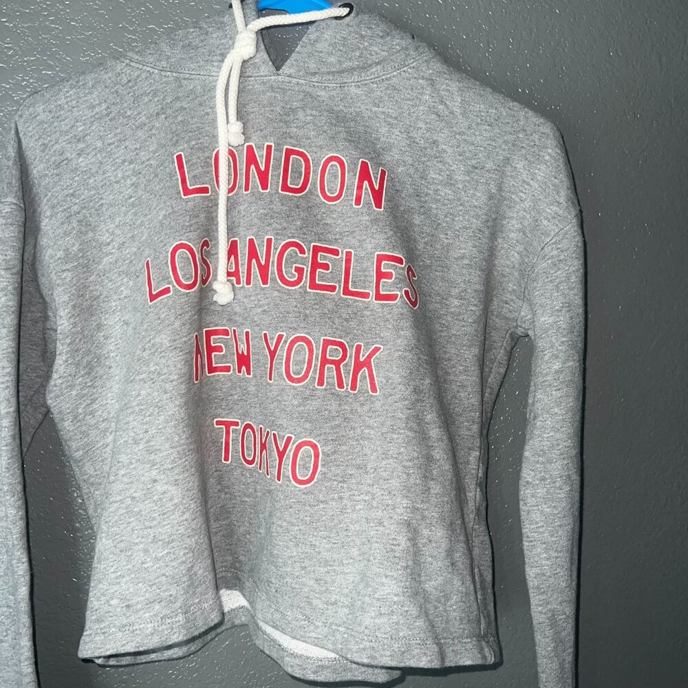 Forever 21 Women’s Cropped Hoodie Small Gray Graphic London LA New York Tokyo